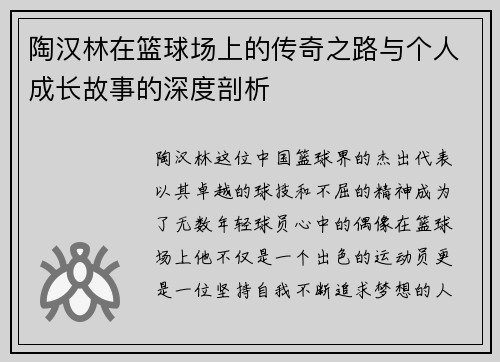 陶汉林在篮球场上的传奇之路与个人成长故事的深度剖析
